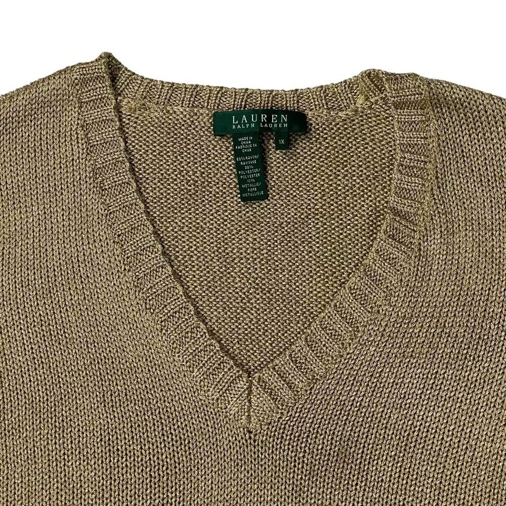 LAUREN RALPH LAUREN METALLIC GOLD V-NECK 3/4 SLEEVE RIBBED PULLOVER SWEATER
